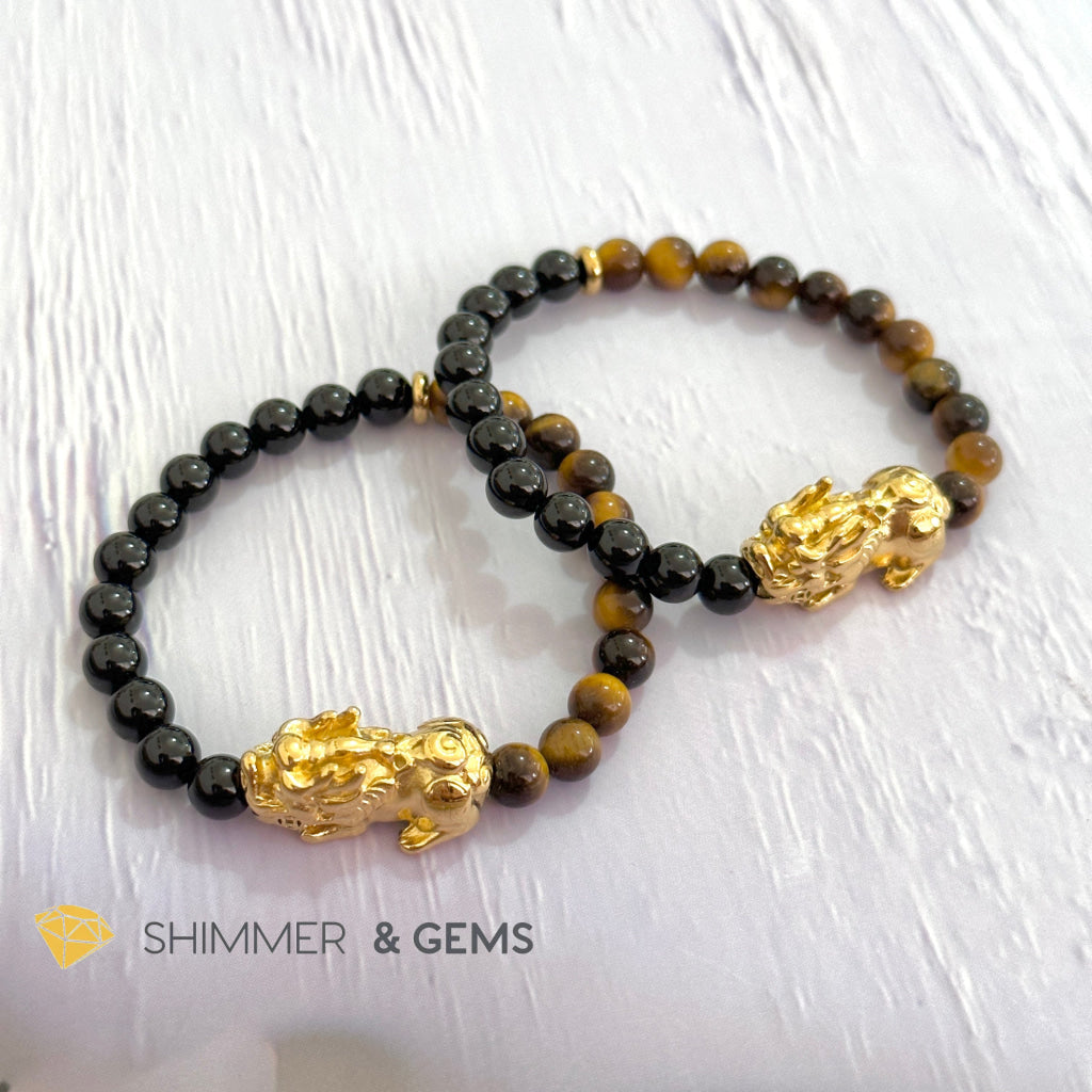 Protection Pixiu Bracelet (Stainless Steel) Black Tourmaline and Tiger’s Eye 6mm