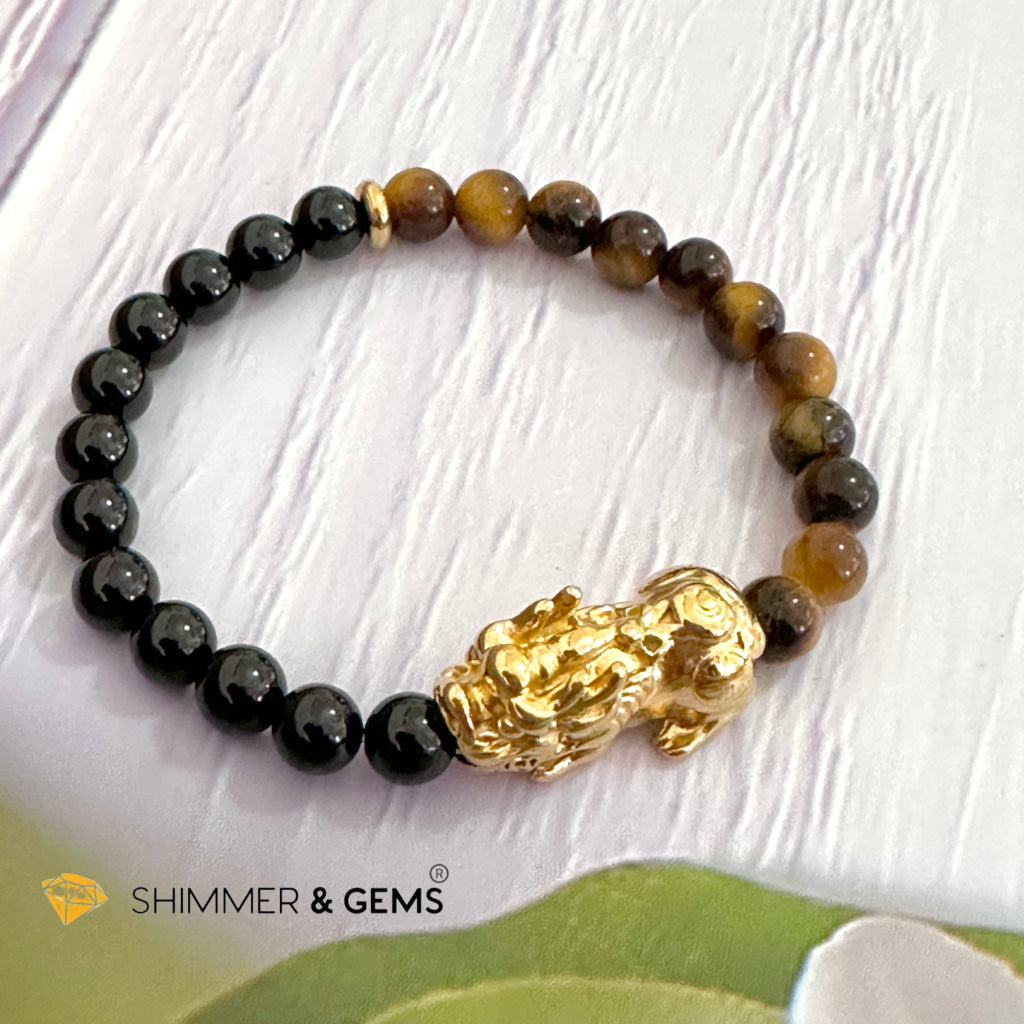 Protection Pixiu Bracelet (Stainless Steel) Black Tourmaline and Tiger’s Eye 6mm