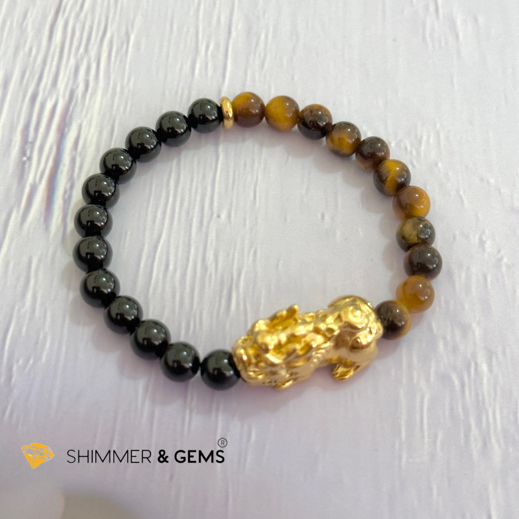 Protection Pixiu Bracelet (Stainless Steel) Black Tourmaline and Tiger’s Eye 6mm