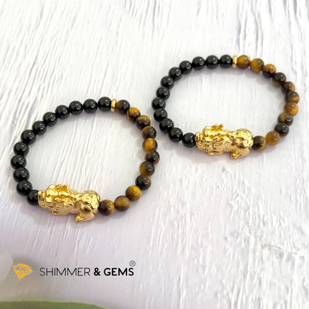 Protection Pixiu Bracelet (Stainless Steel) Black Tourmaline and Tiger’s Eye 6mm