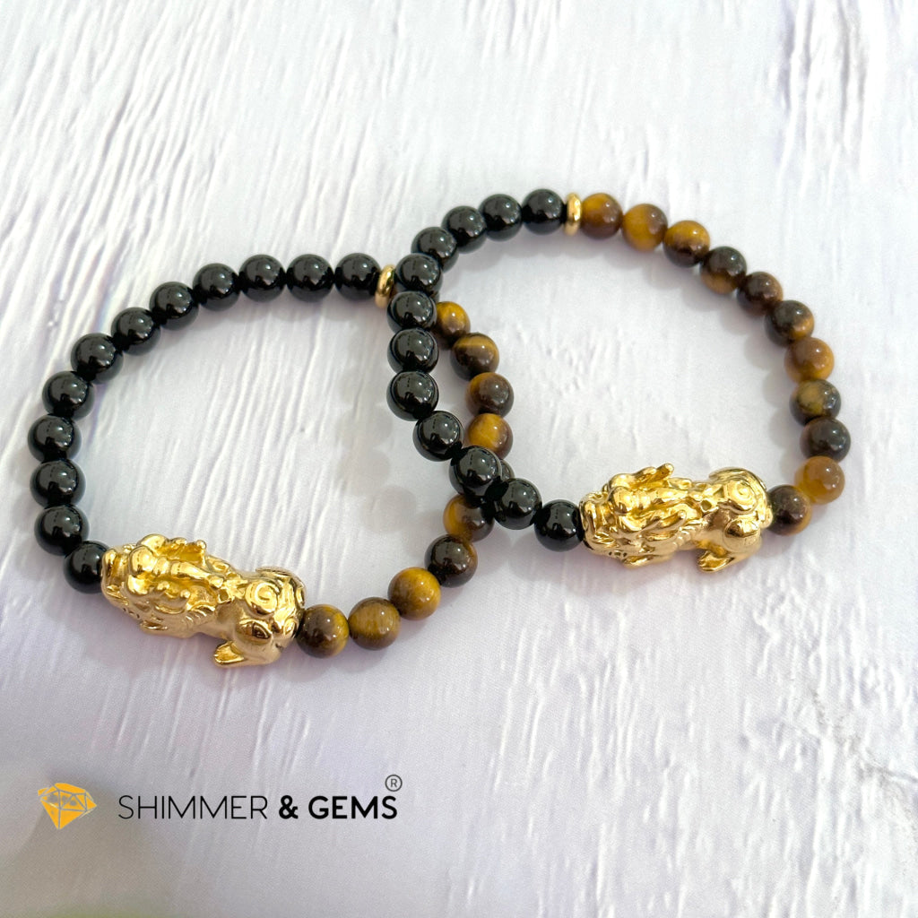 Protection Pixiu Bracelet (Stainless Steel) Black Tourmaline and Tiger’s Eye 6mm