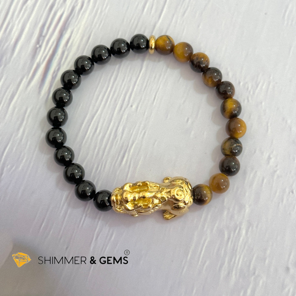 Protection Pixiu Bracelet (Stainless Steel) Black Tourmaline and Tiger’s Eye 6mm