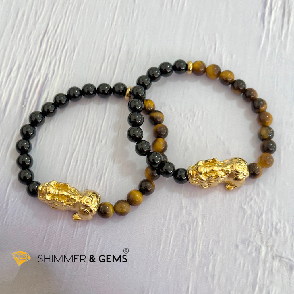 Protection Pixiu Bracelet (Stainless Steel) Black Tourmaline and Tiger’s Eye 6mm