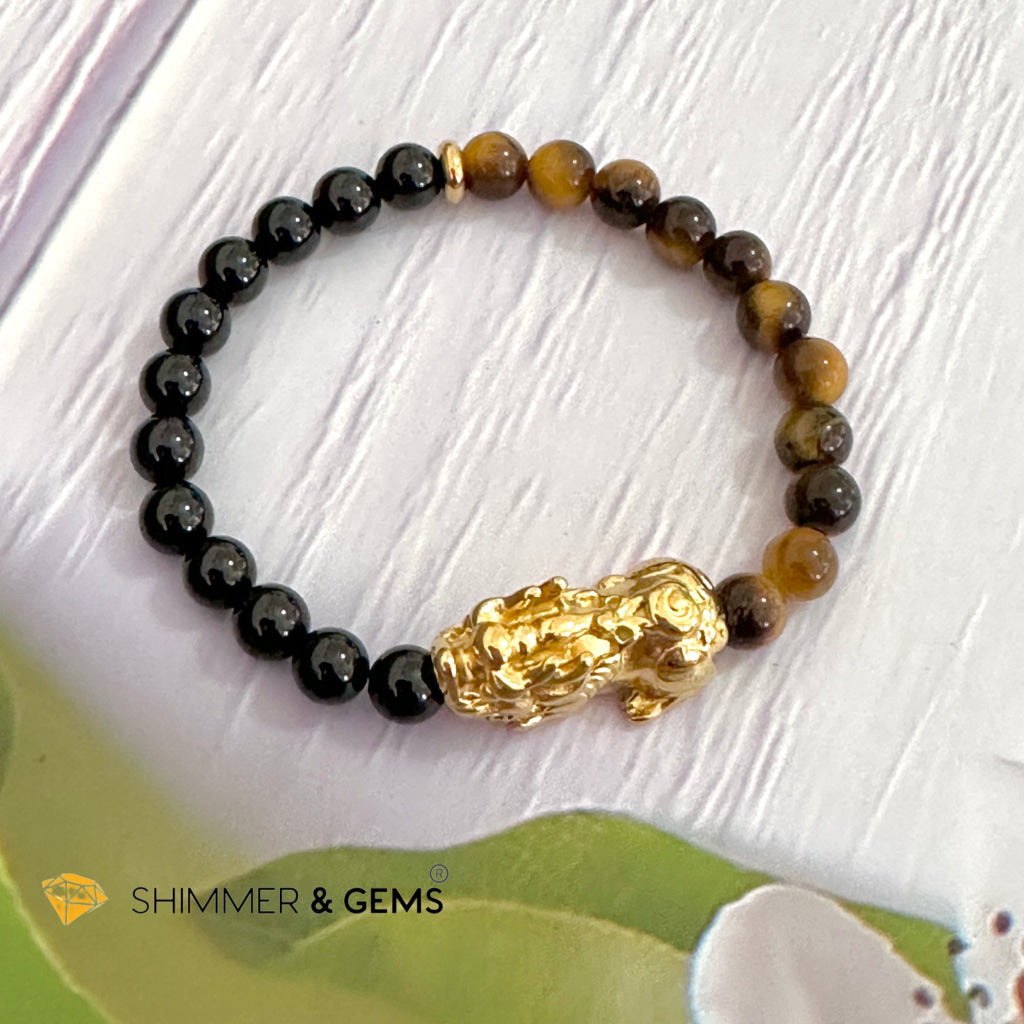 Protection Pixiu Bracelet (Stainless Steel) Black Tourmaline and Tiger’s Eye 6mm