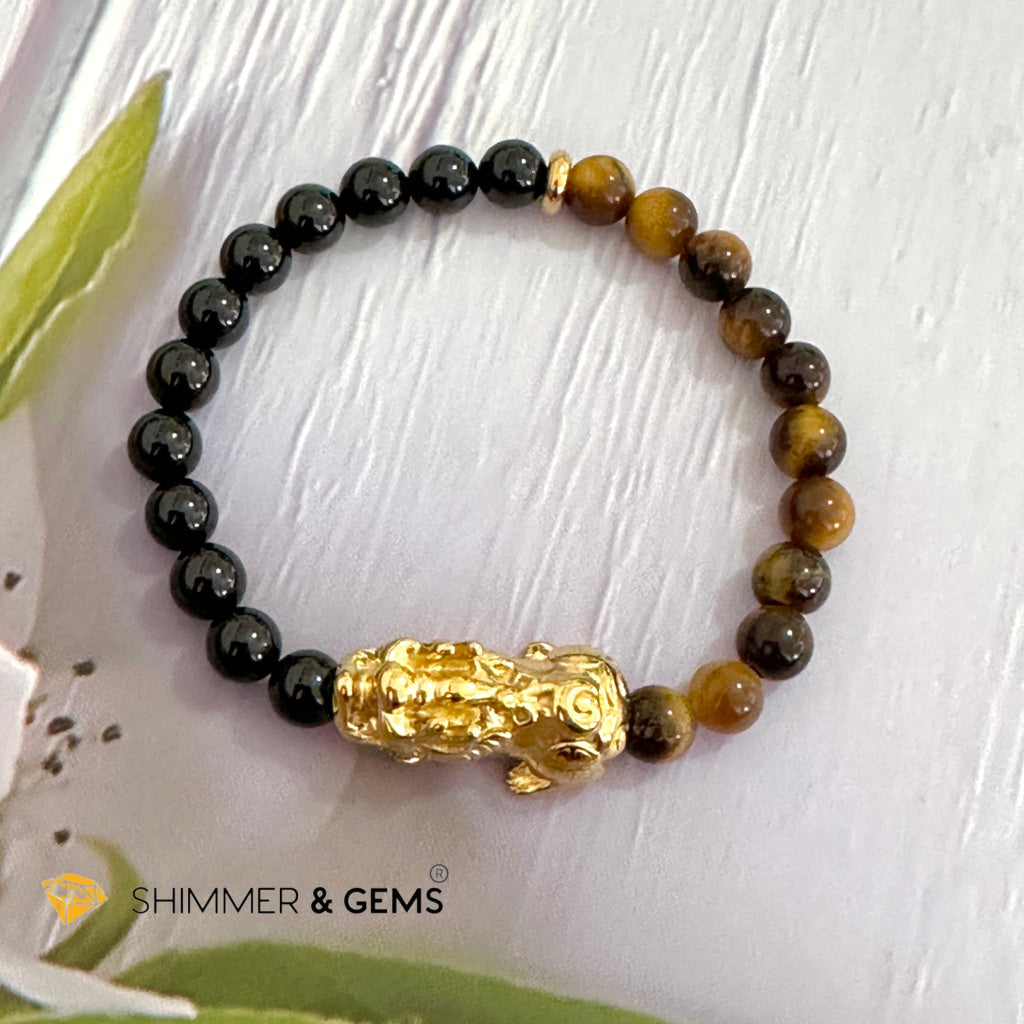 Protection Pixiu Bracelet (Stainless Steel) Black Tourmaline and Tiger’s Eye 6mm