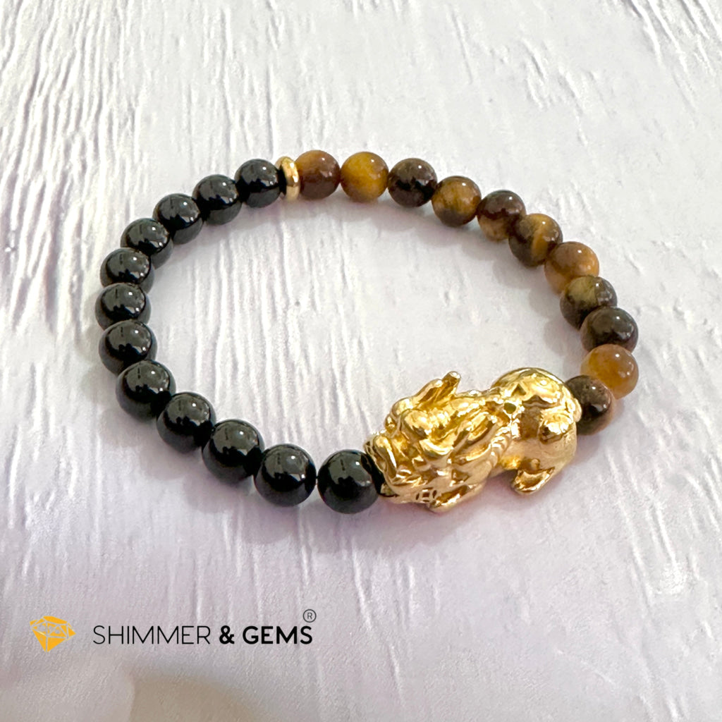 Protection Pixiu Bracelet (Stainless Steel) Black Tourmaline and Tiger’s Eye 6mm