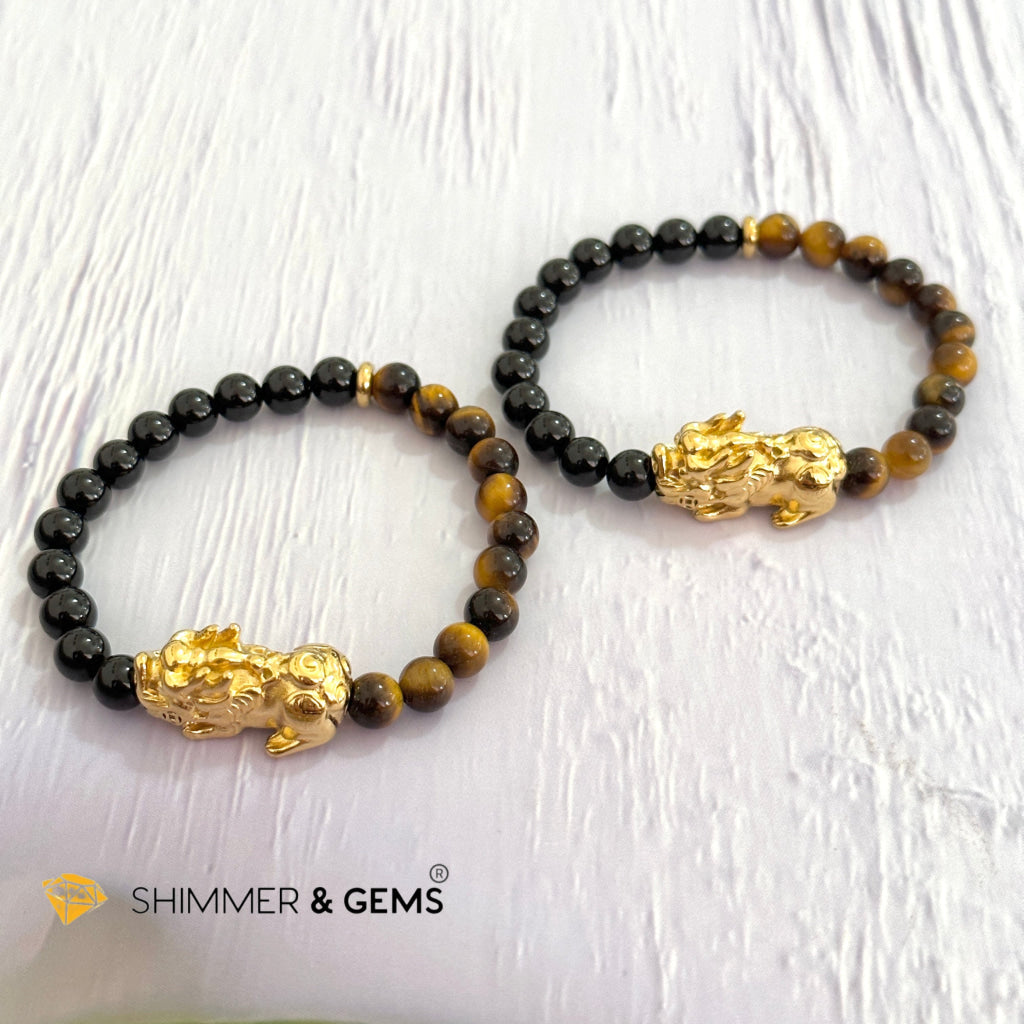 Protection Pixiu Bracelet (Stainless Steel) Black Tourmaline and Tiger’s Eye 6mm