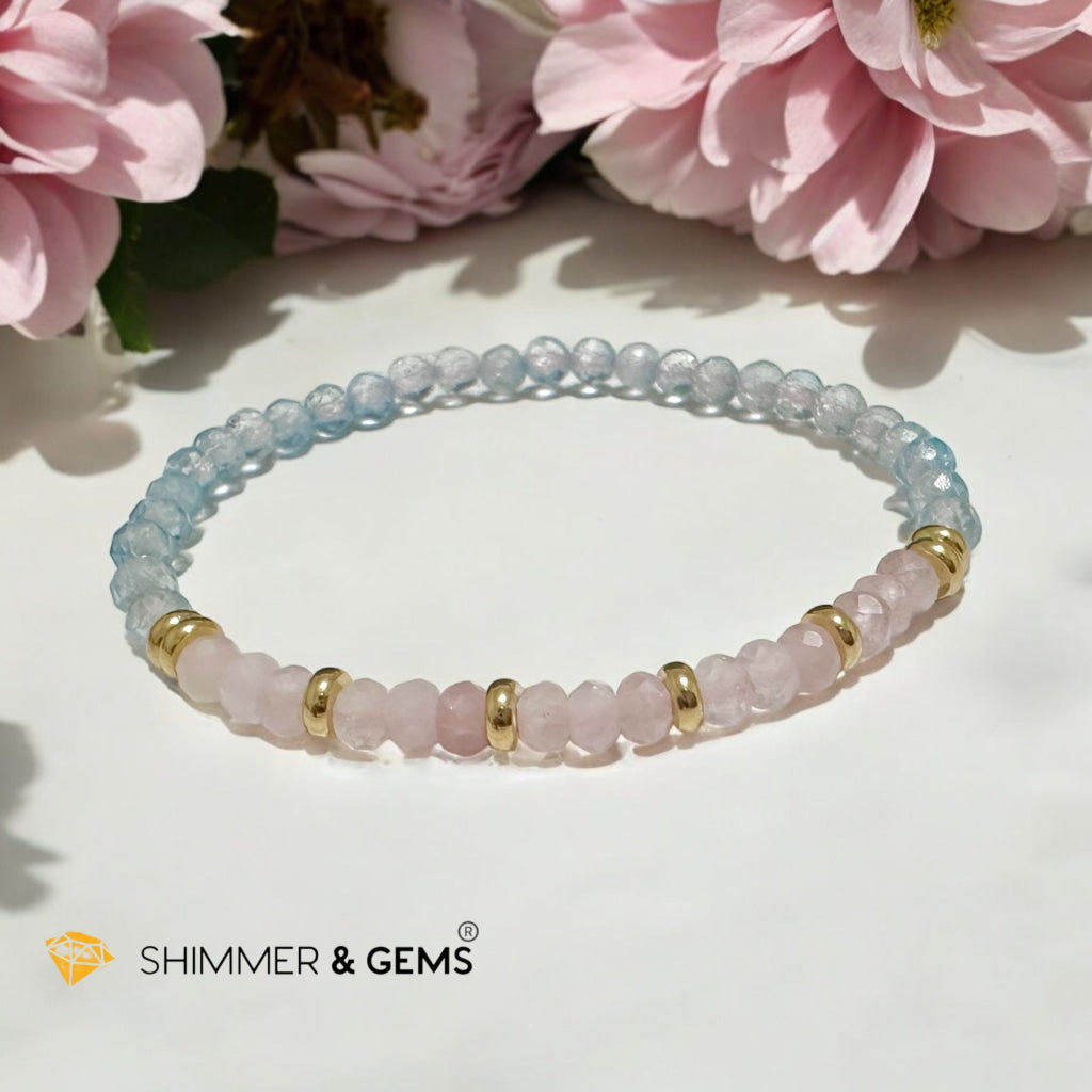 Pure Bliss Bracelet (Rose Quartz Rondelle & Aquamarine 4mm with Stainless Steel Beads)