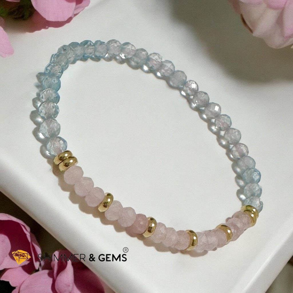 Pure Bliss Bracelet (Rose Quartz Rondelle & Aquamarine 4mm with Stainless Steel Beads)