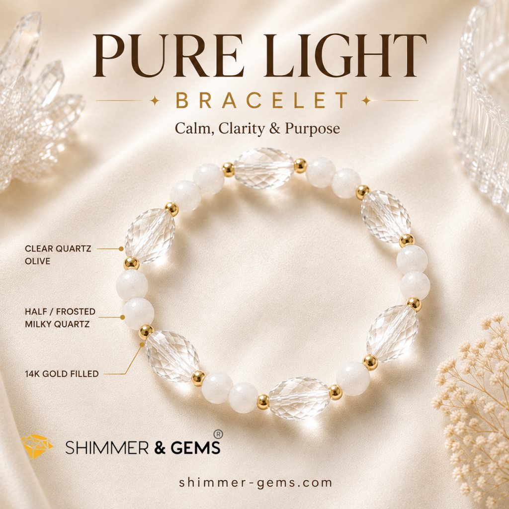 PURE LIGHT BRACELET (Calm, Clarity & Purpose) Clear Quartz & Half Frosted Milky Quartz