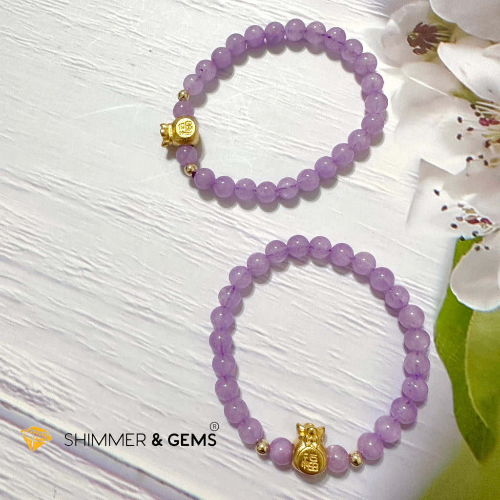 Purple Jade 6mm Money Bag (24K Gold Plated Brass) Bracelet