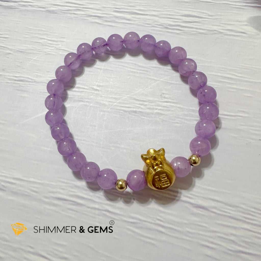 Purple Jade 6mm Money Bag (24K Gold Plated Brass) Bracelet