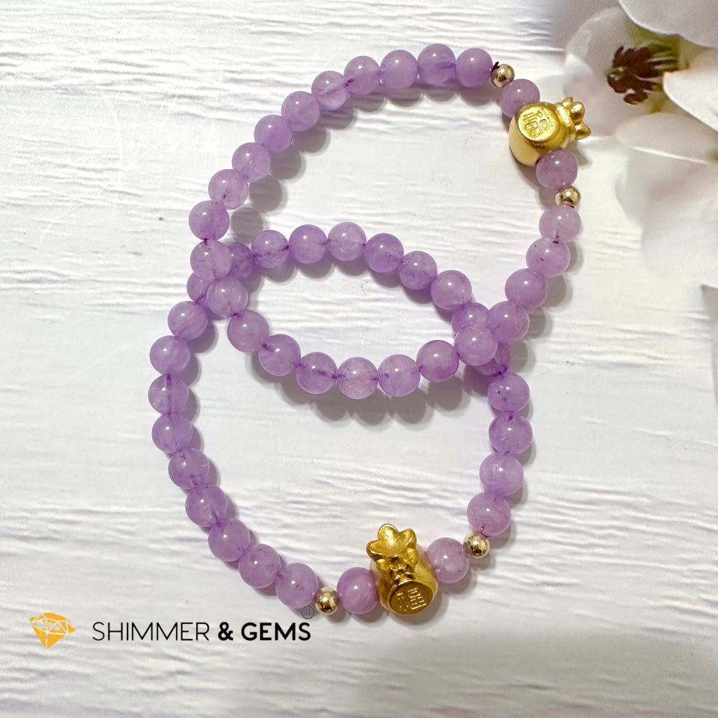 Purple Jade 6mm Money Bag (24K Gold Plated Brass) Bracelet
