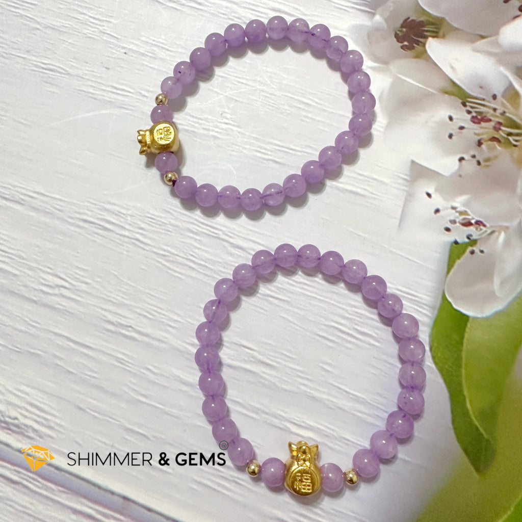 Purple Jade 6mm Money Bag (24K Gold Plated Brass) Bracelet