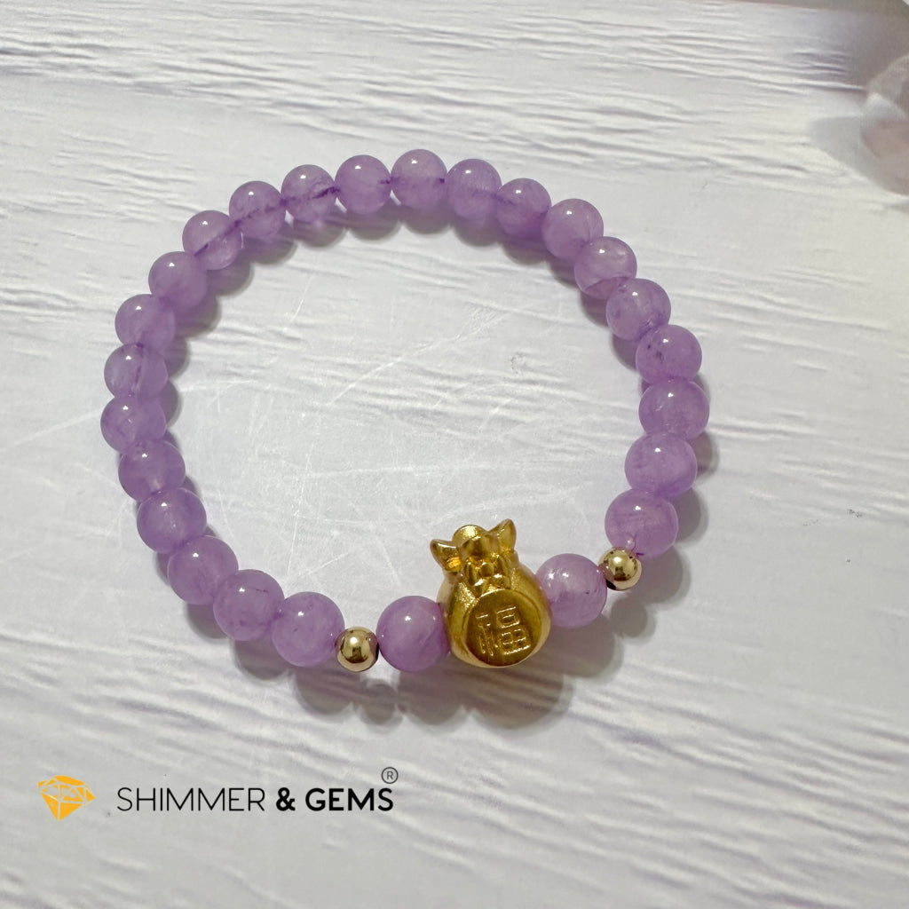 Purple Jade 6mm Money Bag (24K Gold Plated Brass) Bracelet