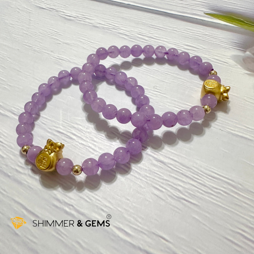 Purple Jade 6mm Money Bag (24K Gold Plated Brass) Bracelet