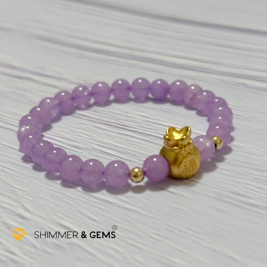 Purple Jade 6mm Money Bag (24K Gold Plated Brass) Bracelet