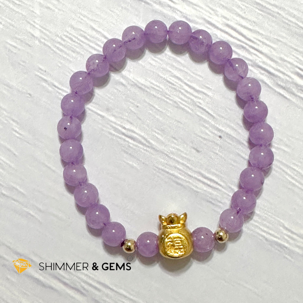 Purple Jade 6mm Money Bag (24K Gold Plated Brass) Bracelet
