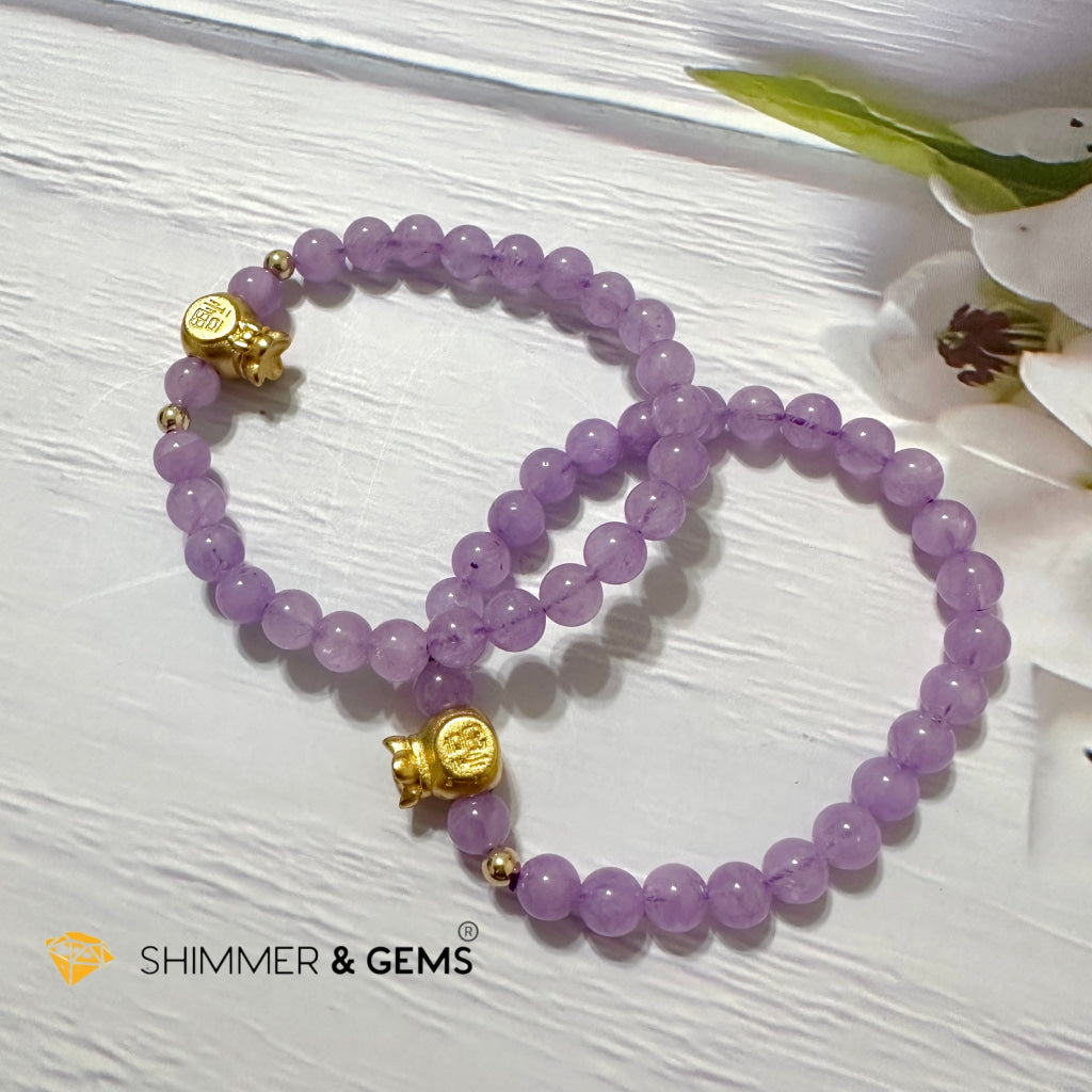 Purple Jade 6mm Money Bag (24K Gold Plated Brass) Bracelet