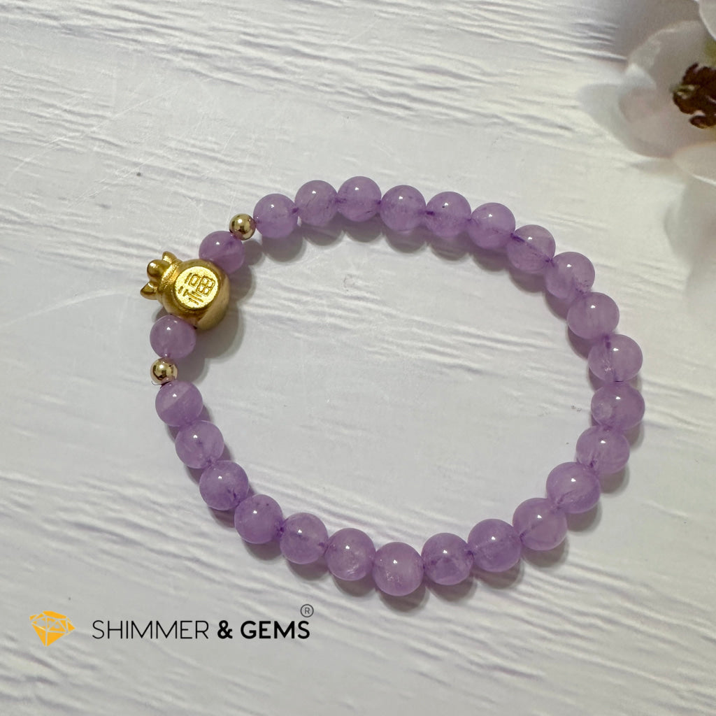 Purple Jade 6mm Money Bag (24K Gold Plated Brass) Bracelet