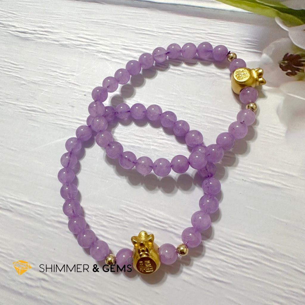Purple Jade 6mm Money Bag (24K Gold Plated Brass) Bracelet
