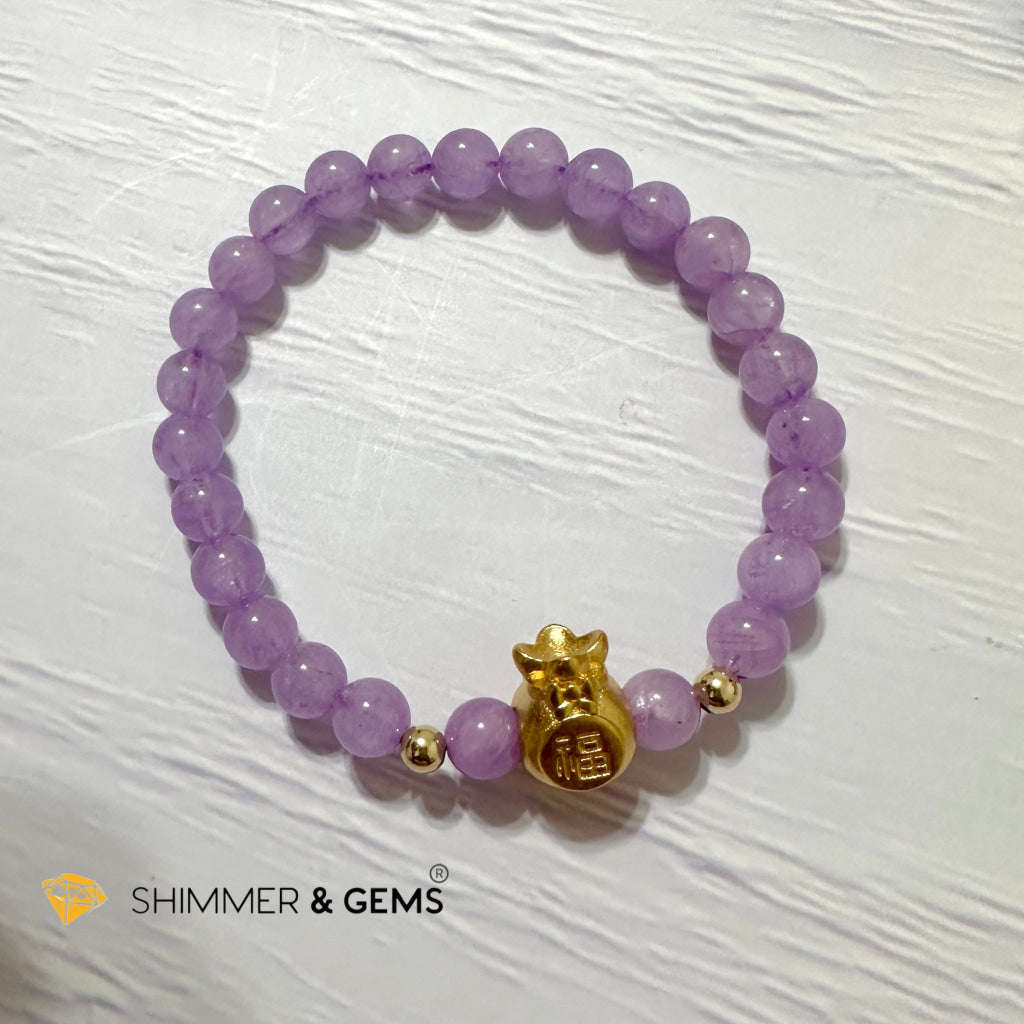 Purple Jade 6mm Money Bag (24K Gold Plated Brass) Bracelet