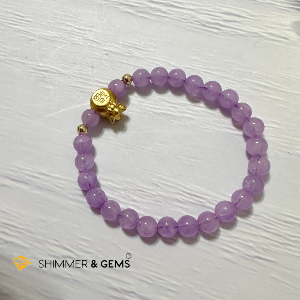 Purple Jade 6mm Money Bag (24K Gold Plated Brass) Bracelet