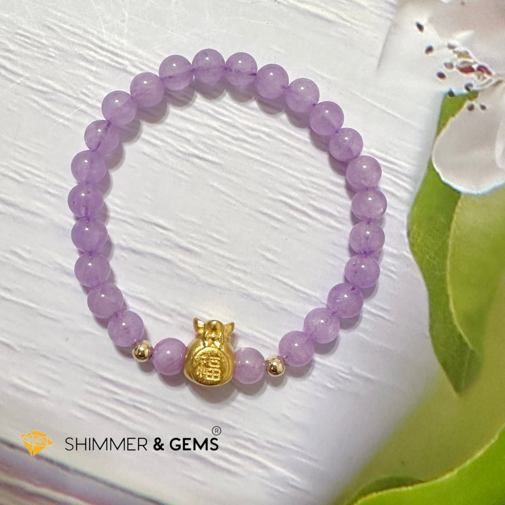 Purple Jade 6mm Money Bag (24K Gold Plated Brass) Bracelet