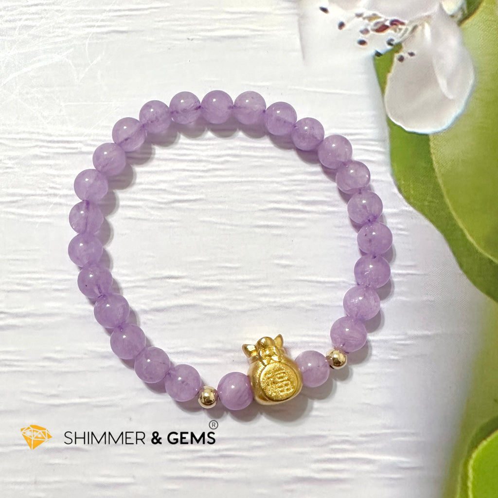 Purple Jade 6mm Money Bag (24K Gold Plated Brass) Bracelet