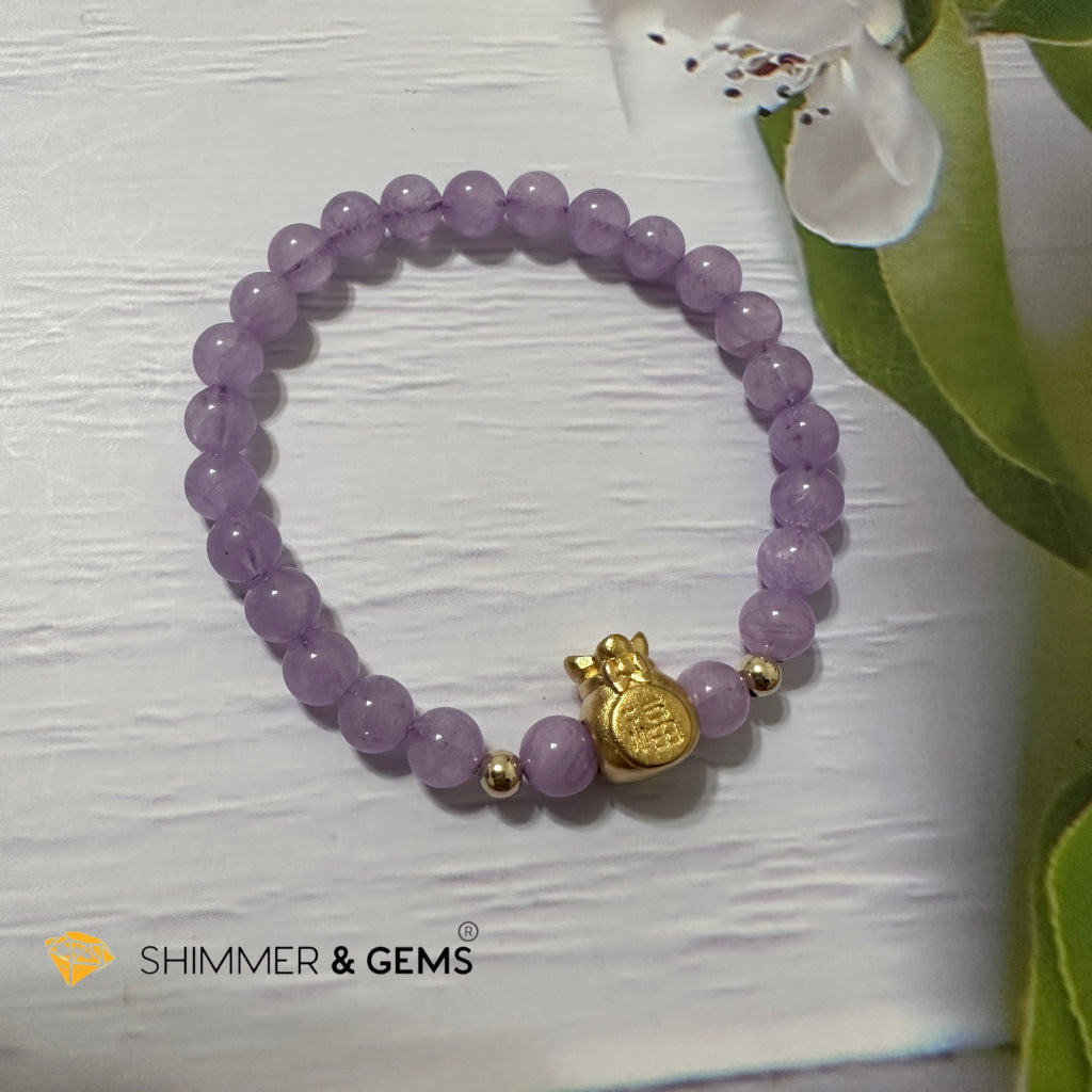 Purple Jade 6mm Money Bag (24K Gold Plated Brass) Bracelet