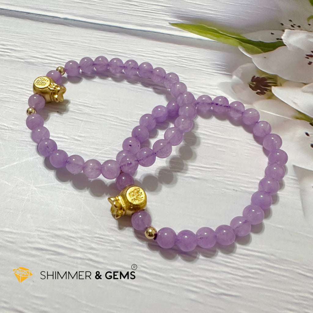 Purple Jade 6mm Money Bag (24K Gold Plated Brass) Bracelet