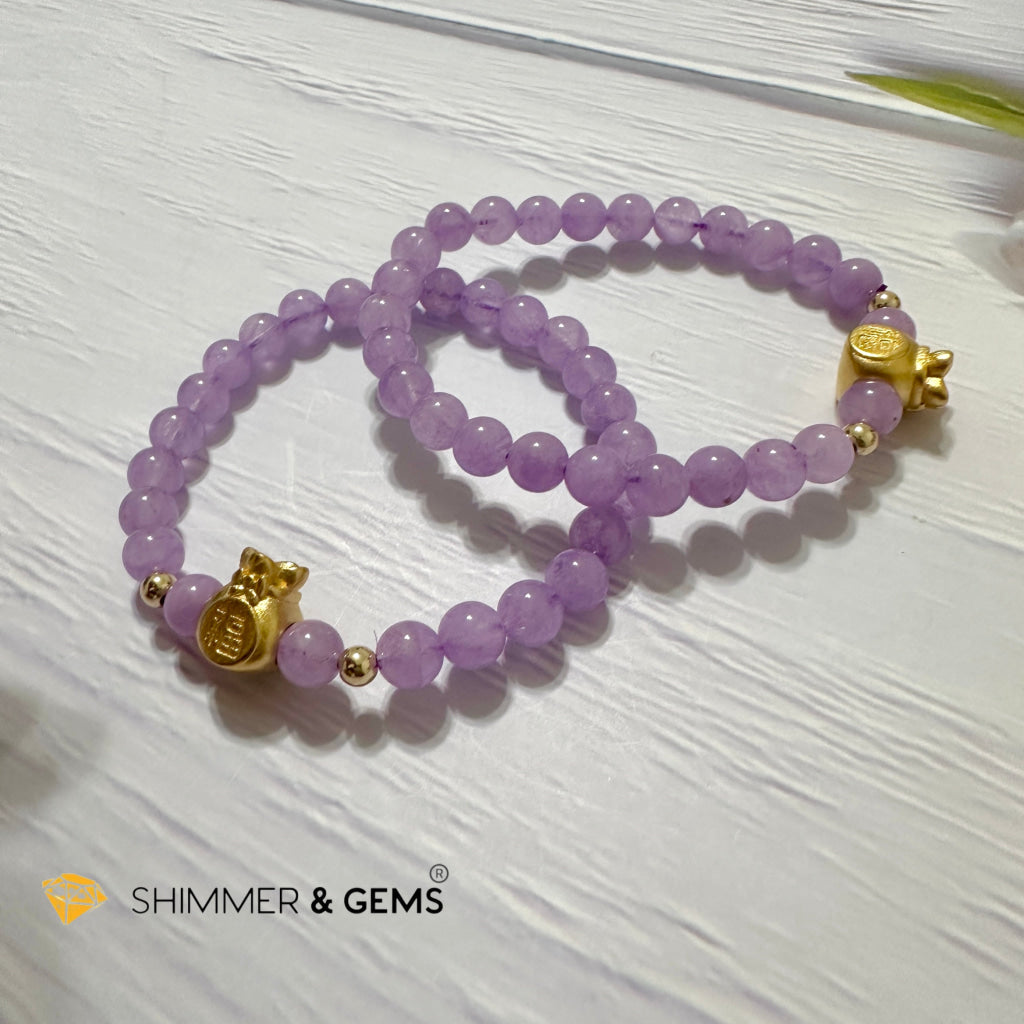 Purple Jade 6mm Money Bag (24K Gold Plated Brass) Bracelet