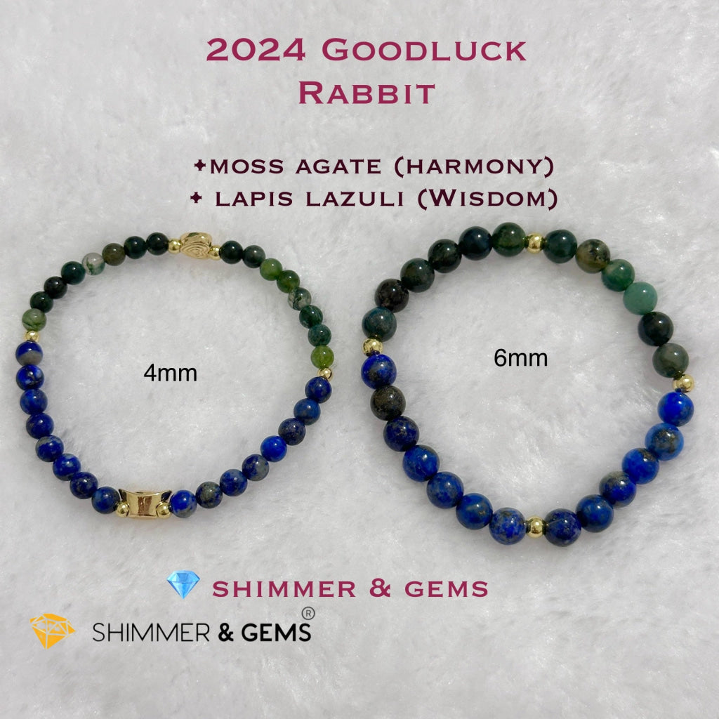 Rabbit Animal Zodiac 2024 Goodluck Bracelet (Lapis Lazuli & Moss Agate) Feng Shui