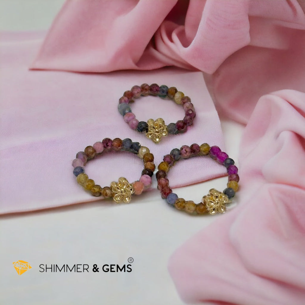 Rainbow Sapphire Beads Ring with Flower Charm