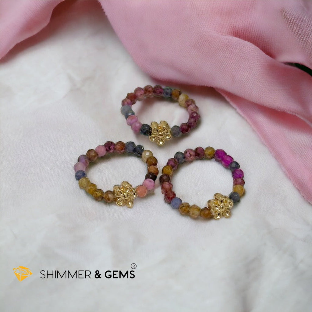 Rainbow Sapphire Beads Ring with Flower Charm