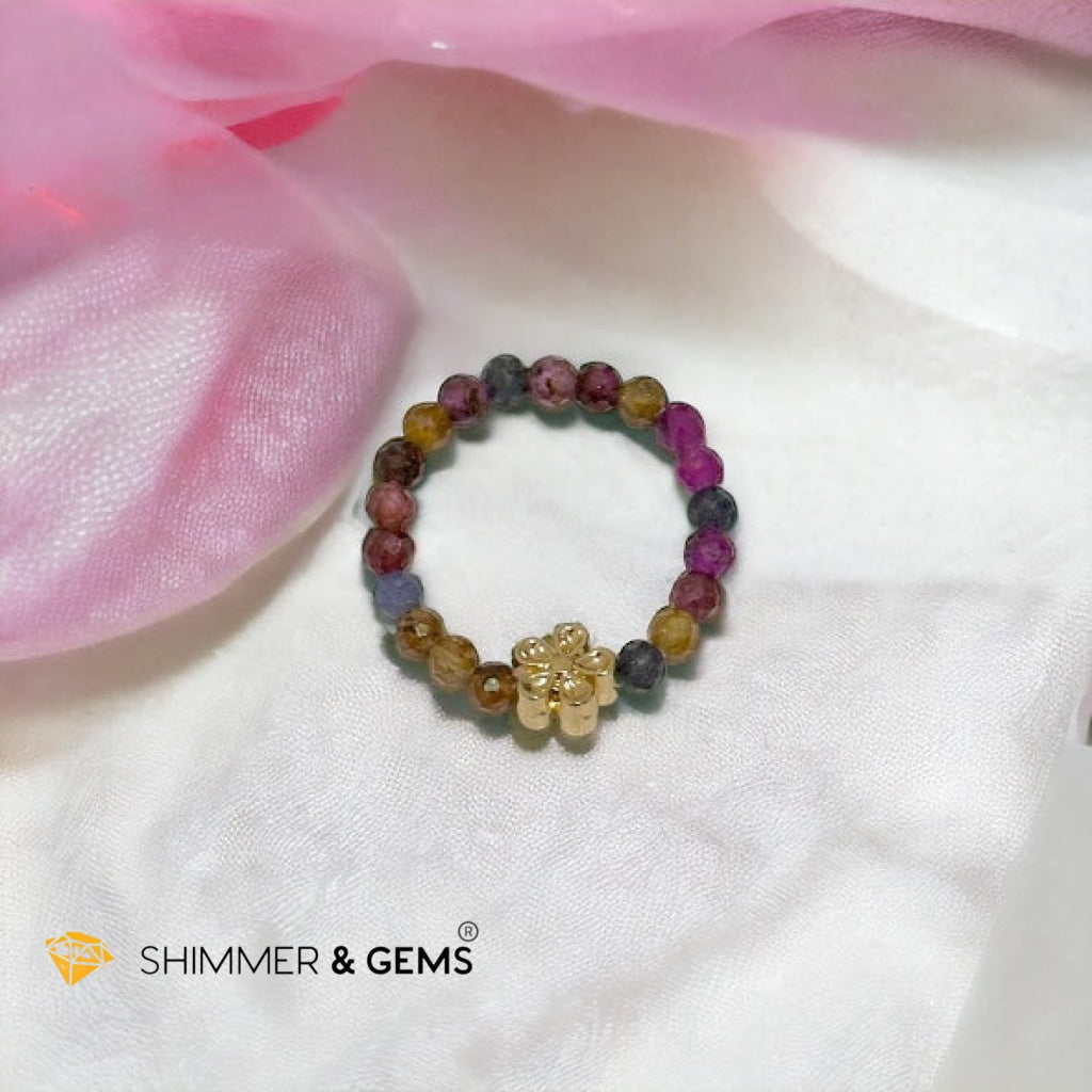 Rainbow Sapphire Beads Ring with Flower Charm