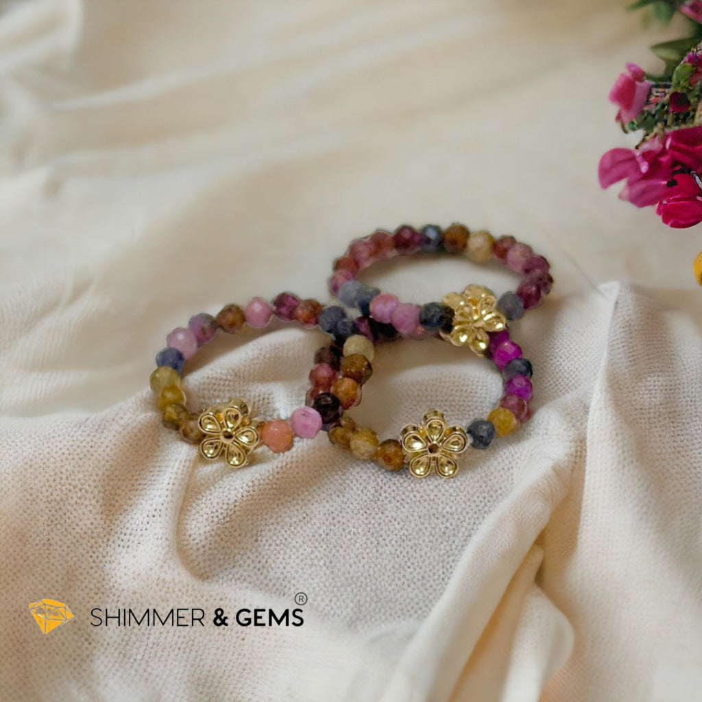 Rainbow Sapphire Beads Ring with Flower Charm