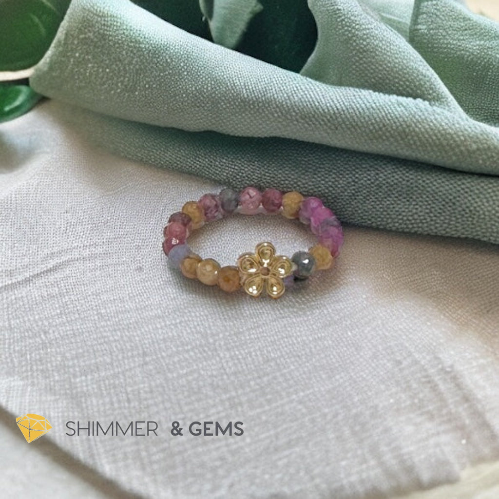 Rainbow Sapphire Beads Ring with Flower Charm