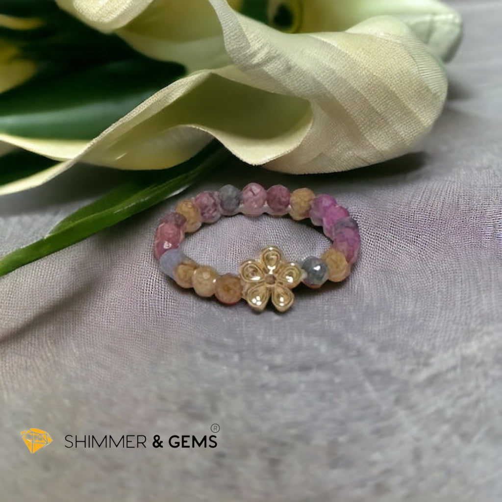 Rainbow Sapphire Beads Ring with Flower Charm