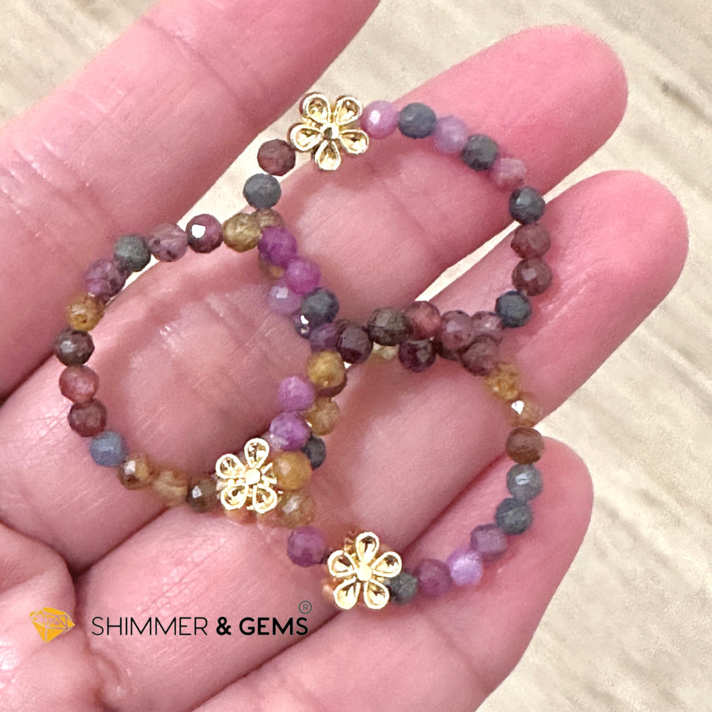 Rainbow Sapphire Beads Ring with Flower Charm