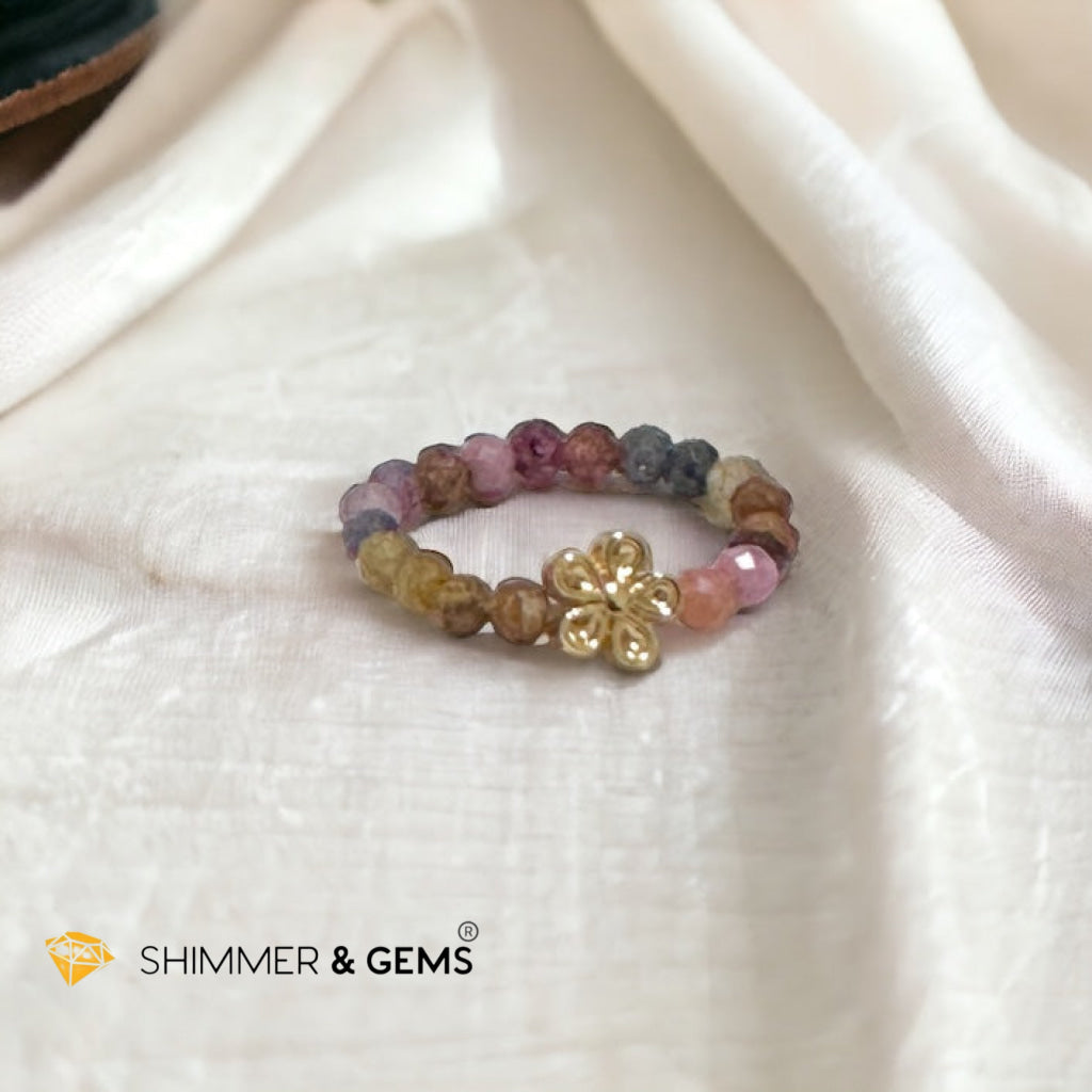 Rainbow Sapphire Beads Ring with Flower Charm