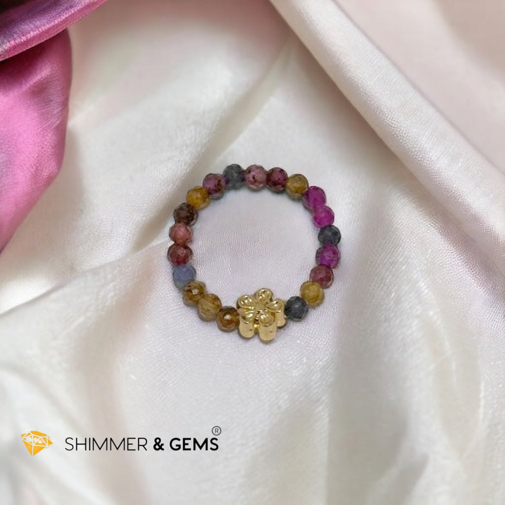 Rainbow Sapphire Beads Ring with Flower Charm