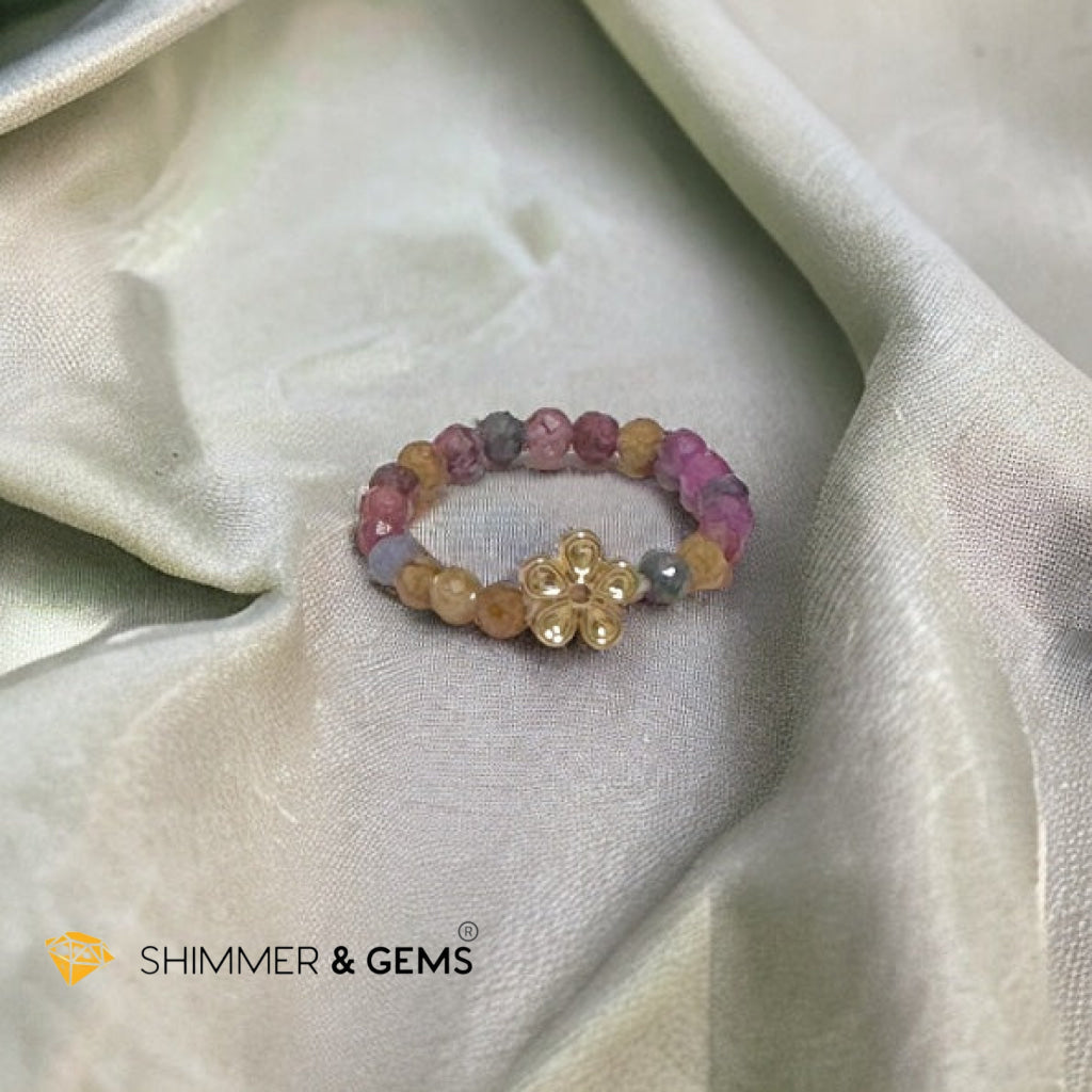 Rainbow Sapphire Beads Ring with Flower Charm