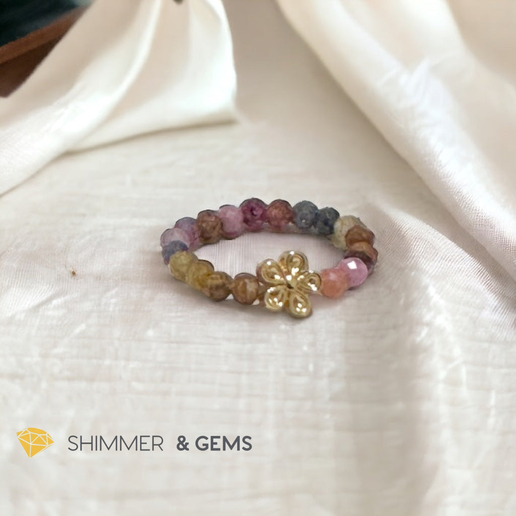 Rainbow Sapphire Beads Ring with Flower Charm