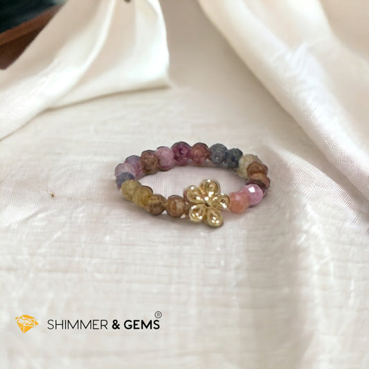 Rainbow Sapphire Beads Ring with Flower Charm