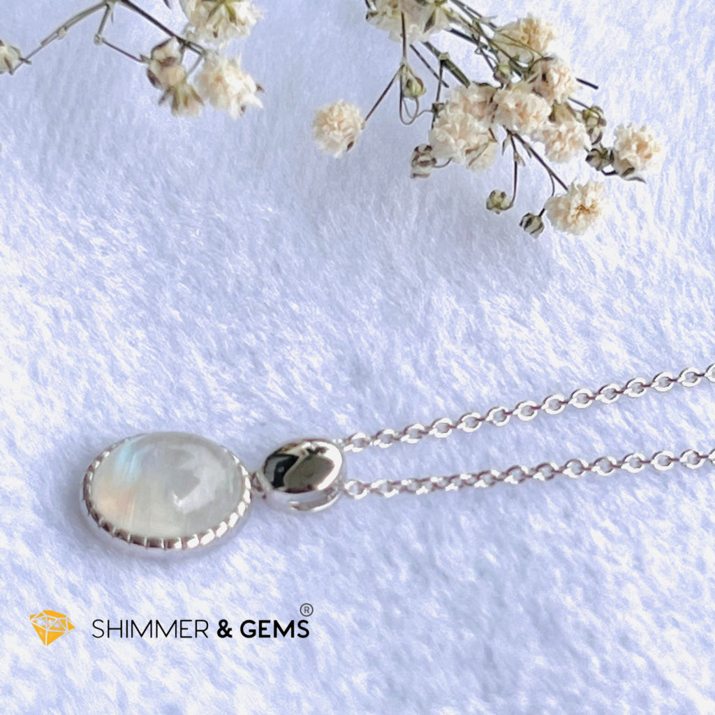 Rainbow Moonstone Bezel Oval With Chain Necklace (Classy) Charms & Pendants