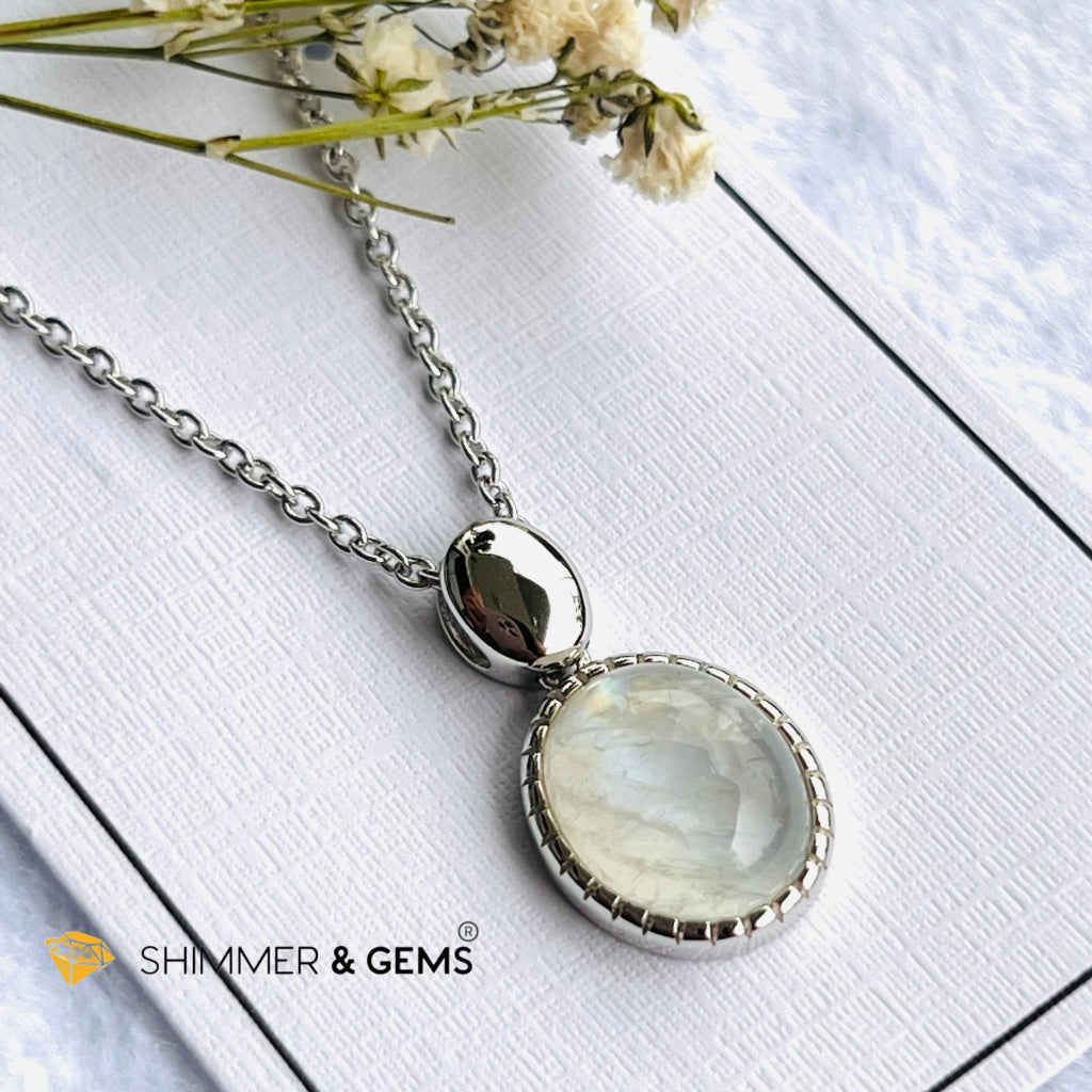 Rainbow Moonstone Bezel Oval With Chain Necklace (Classy) Charms & Pendants