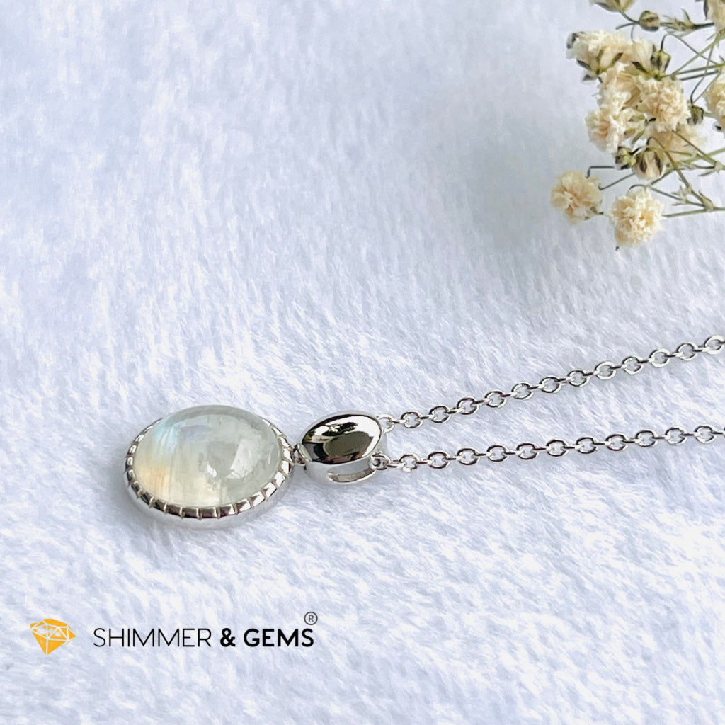 Rainbow Moonstone Bezel Oval With Chain Necklace (Classy) Charms & Pendants