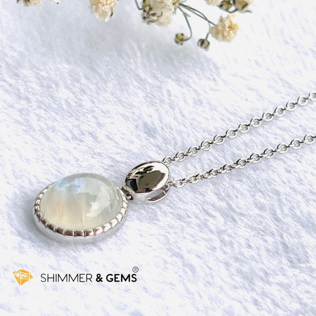 Rainbow Moonstone Bezel Oval With Chain Necklace (Classy) Charms & Pendants