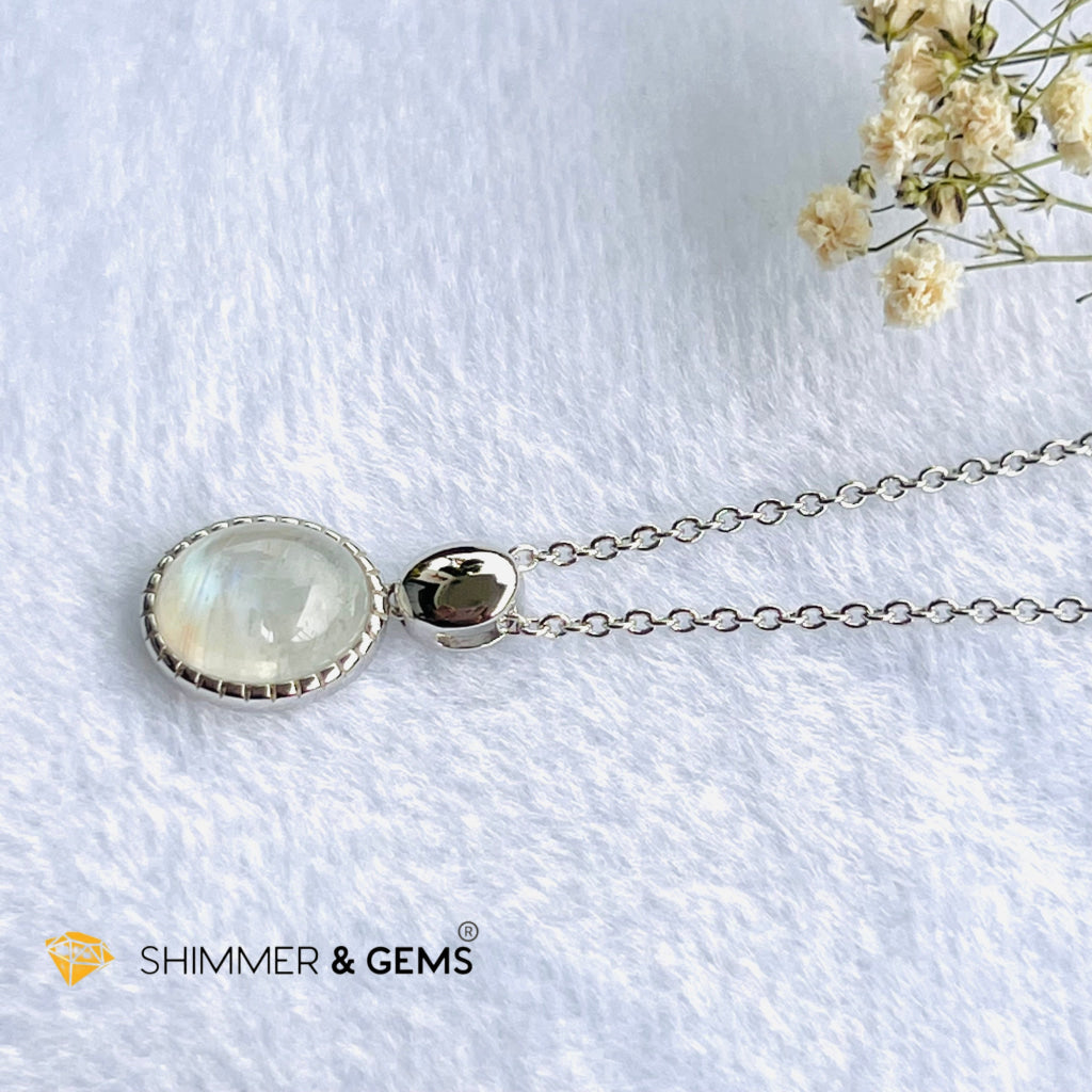 Rainbow Moonstone Bezel Oval With Chain Necklace (Classy) Charms & Pendants